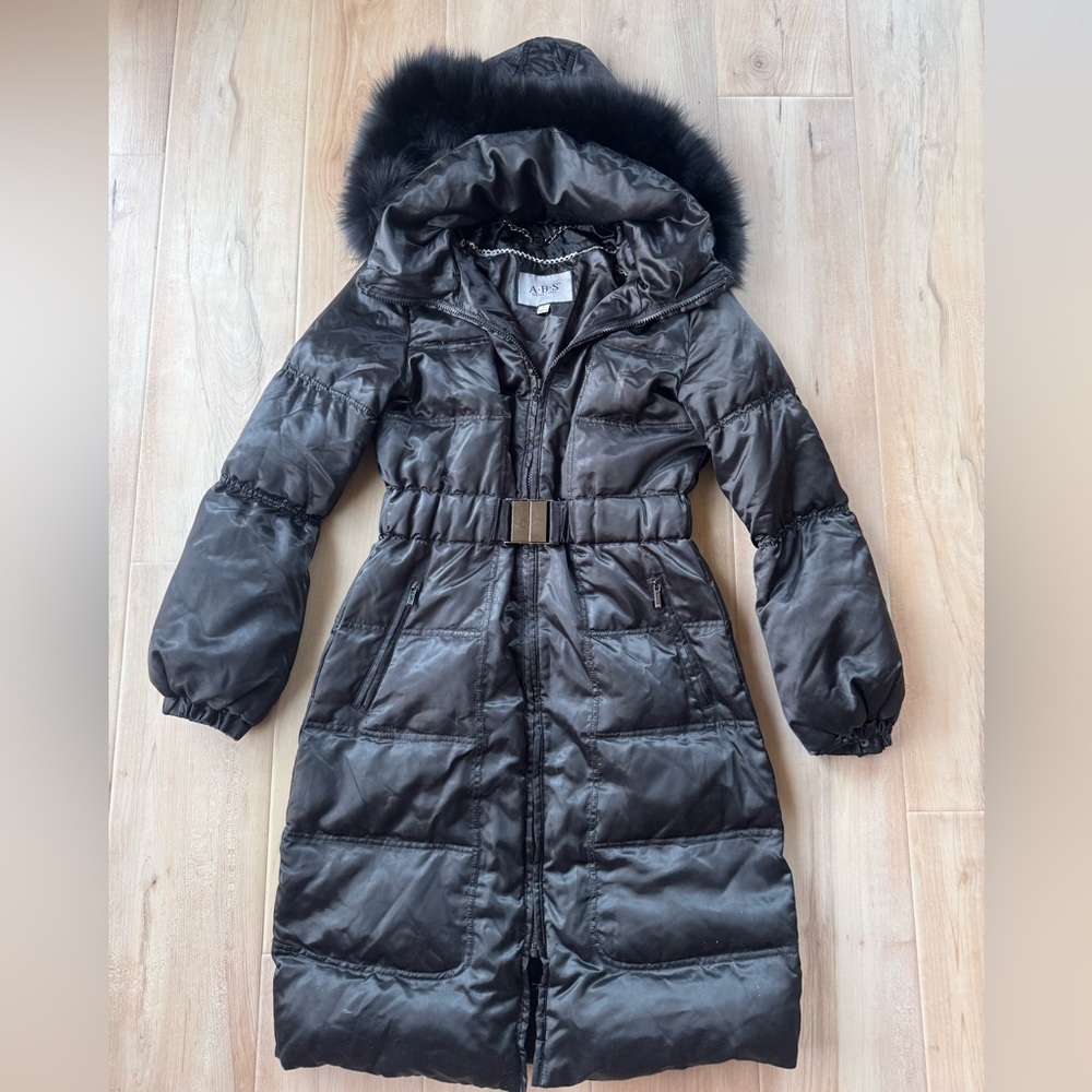 ABS Allen Schwartz Belted Down Coat with Fur Hood Size Small